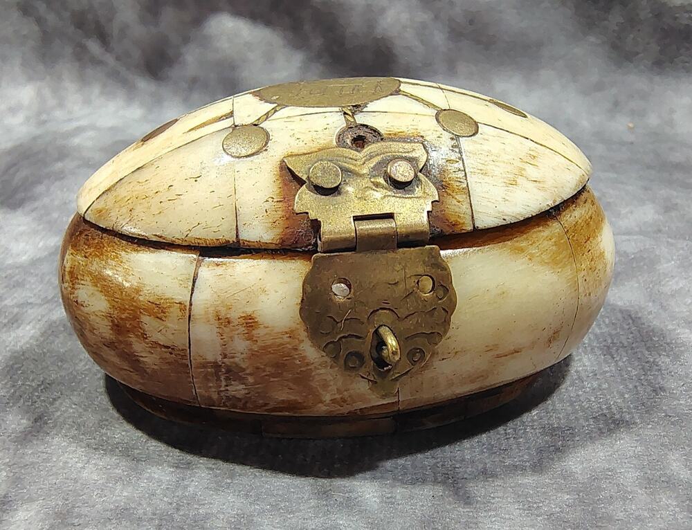 Vintage Brass Inlay Camel Bone Trinket Box